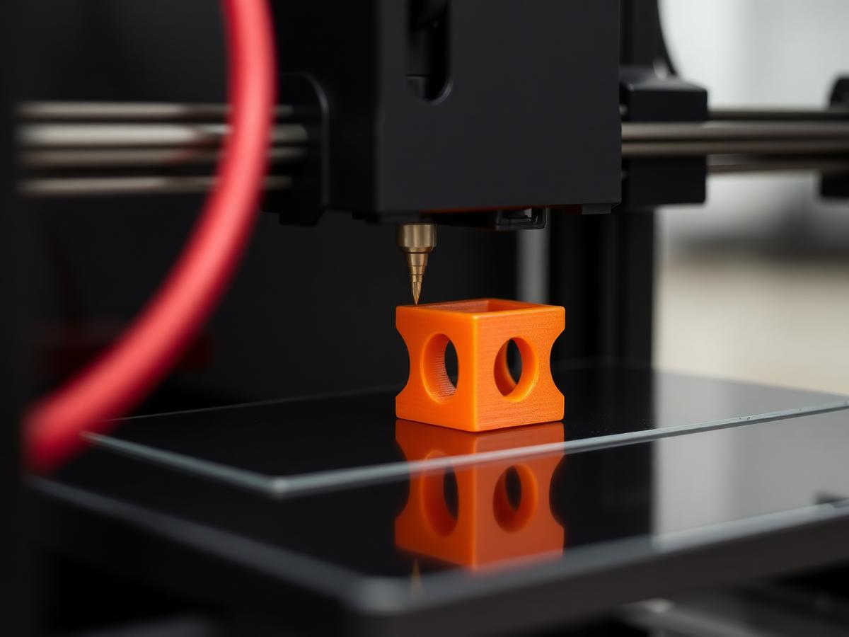 3D tiskárna během tisku oranžového plastového prototypu