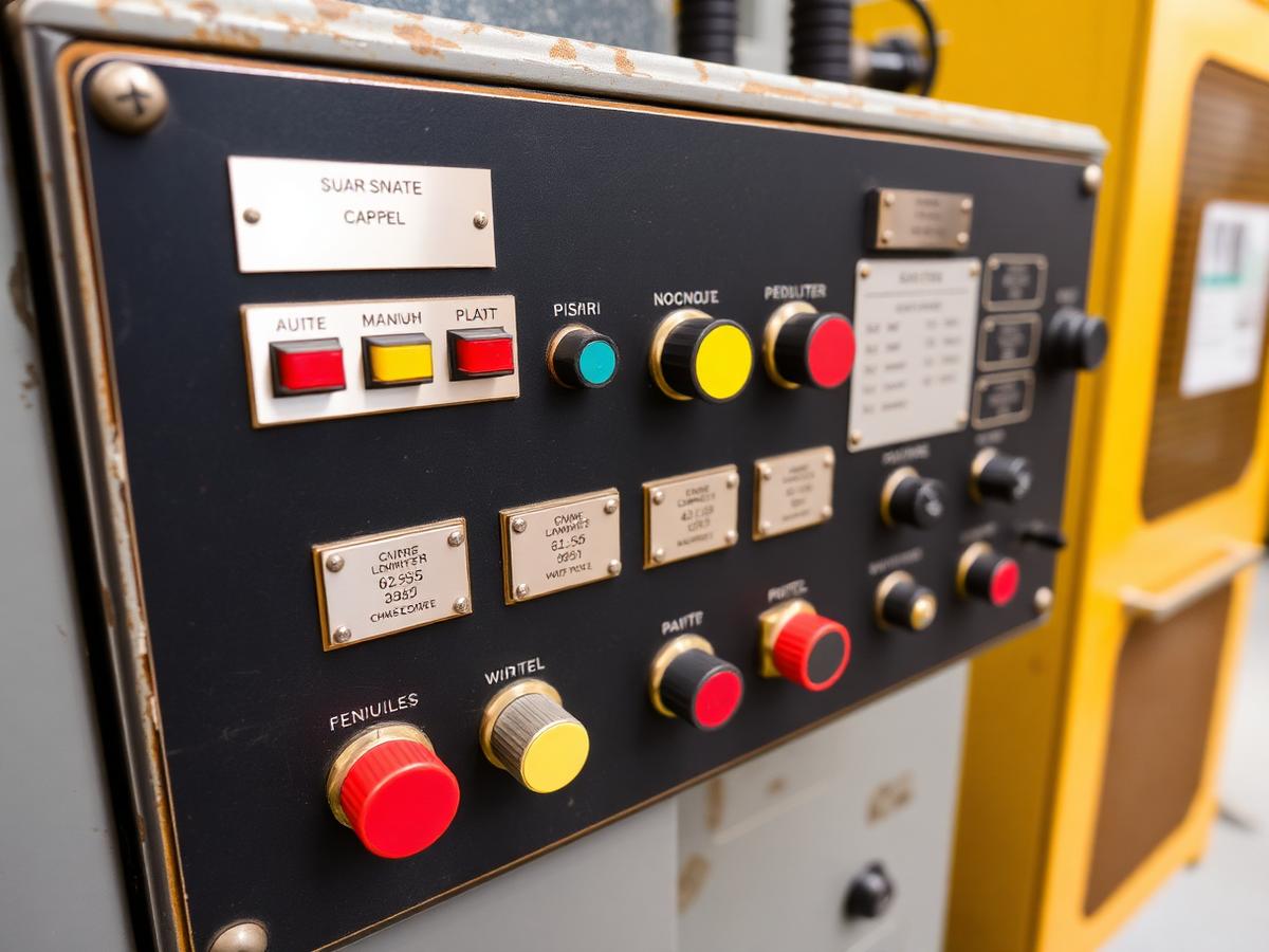 Ovládací panel stroje s tlačítky a popisnými štítky