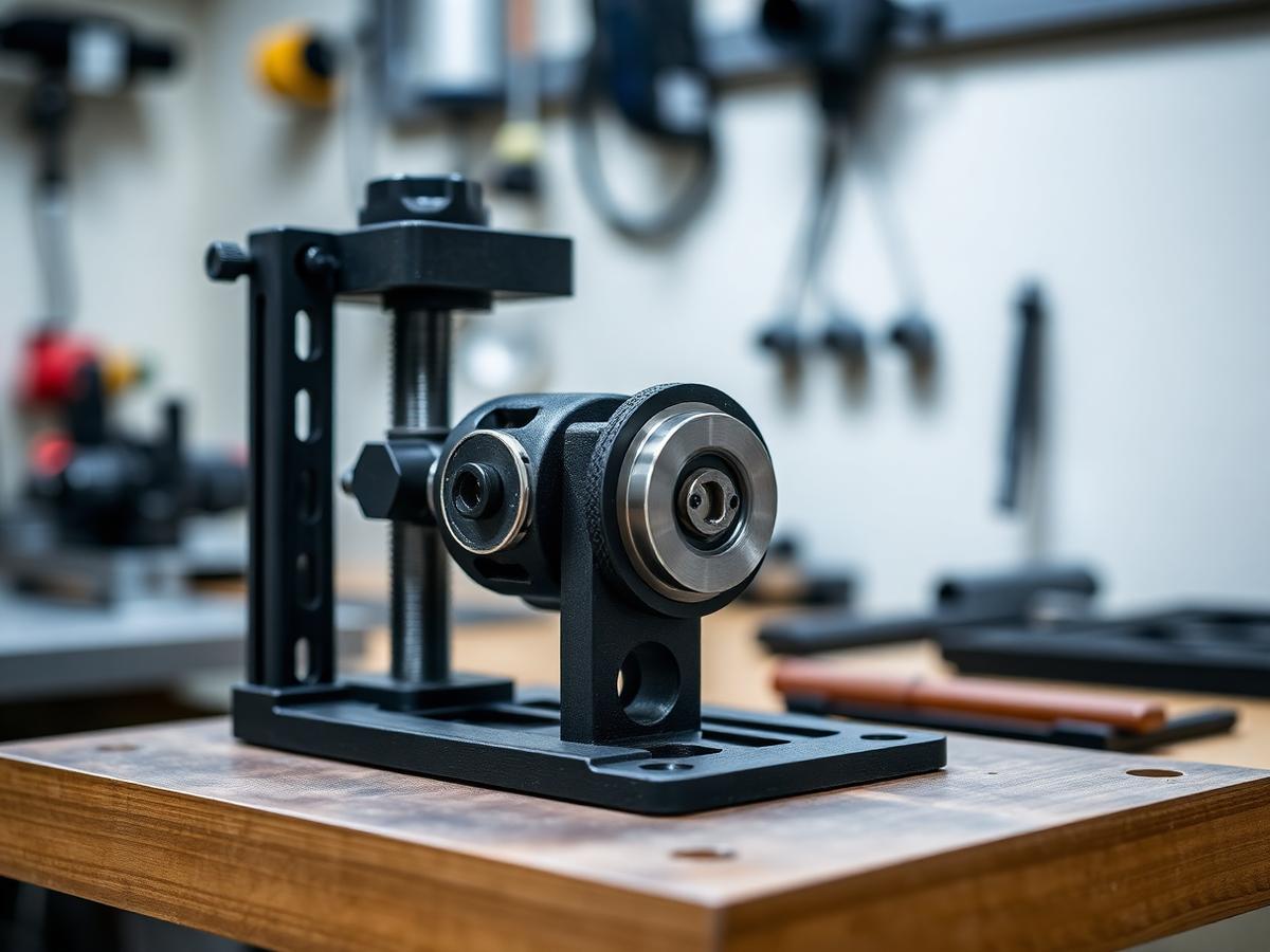 Černý montážní přípravek z 3D tisku s upnutým kovovým dílem