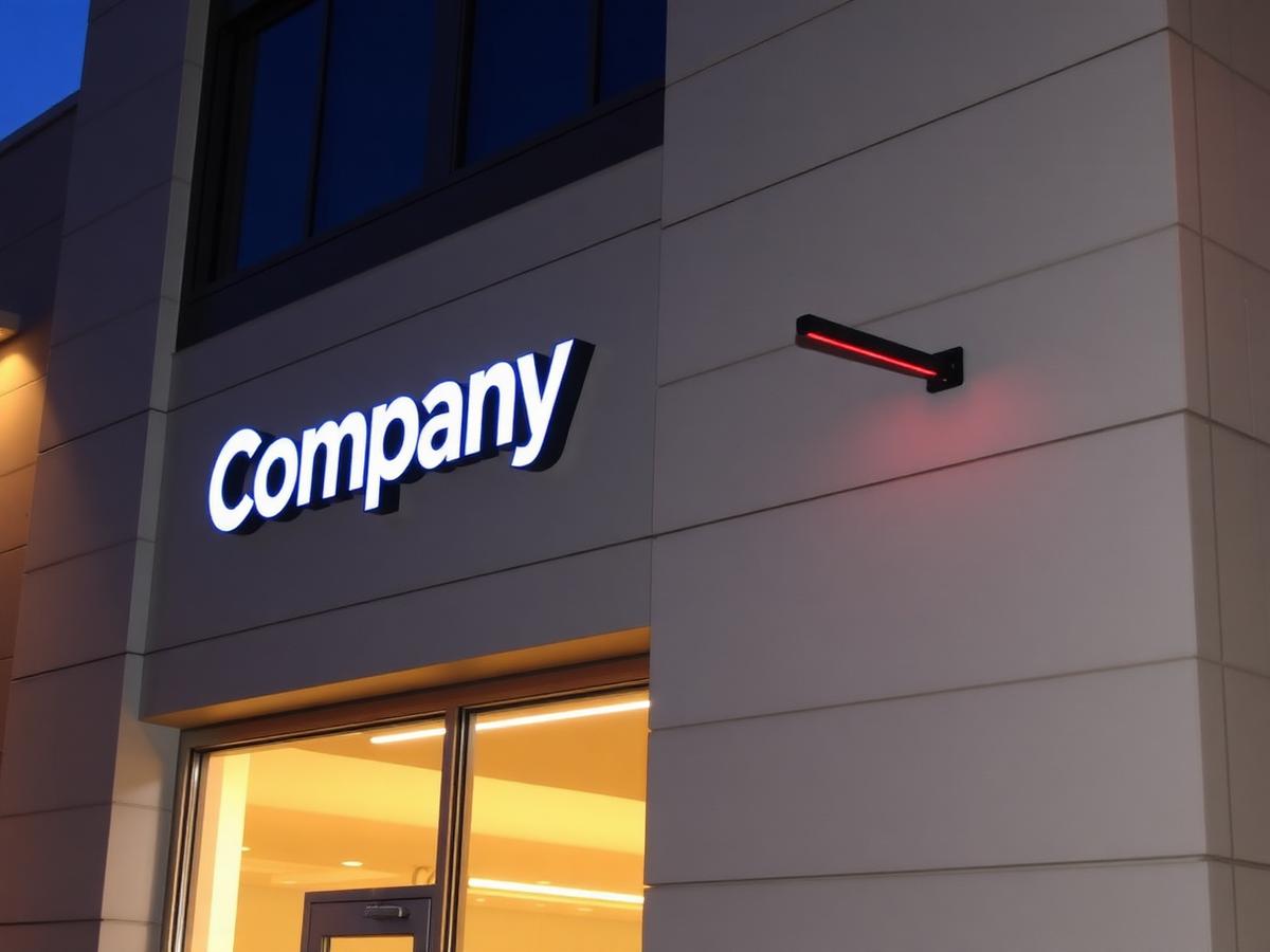 Prosvětlené 3D logo a LED neon na fasádě moderní budovy (ilustrační foto)